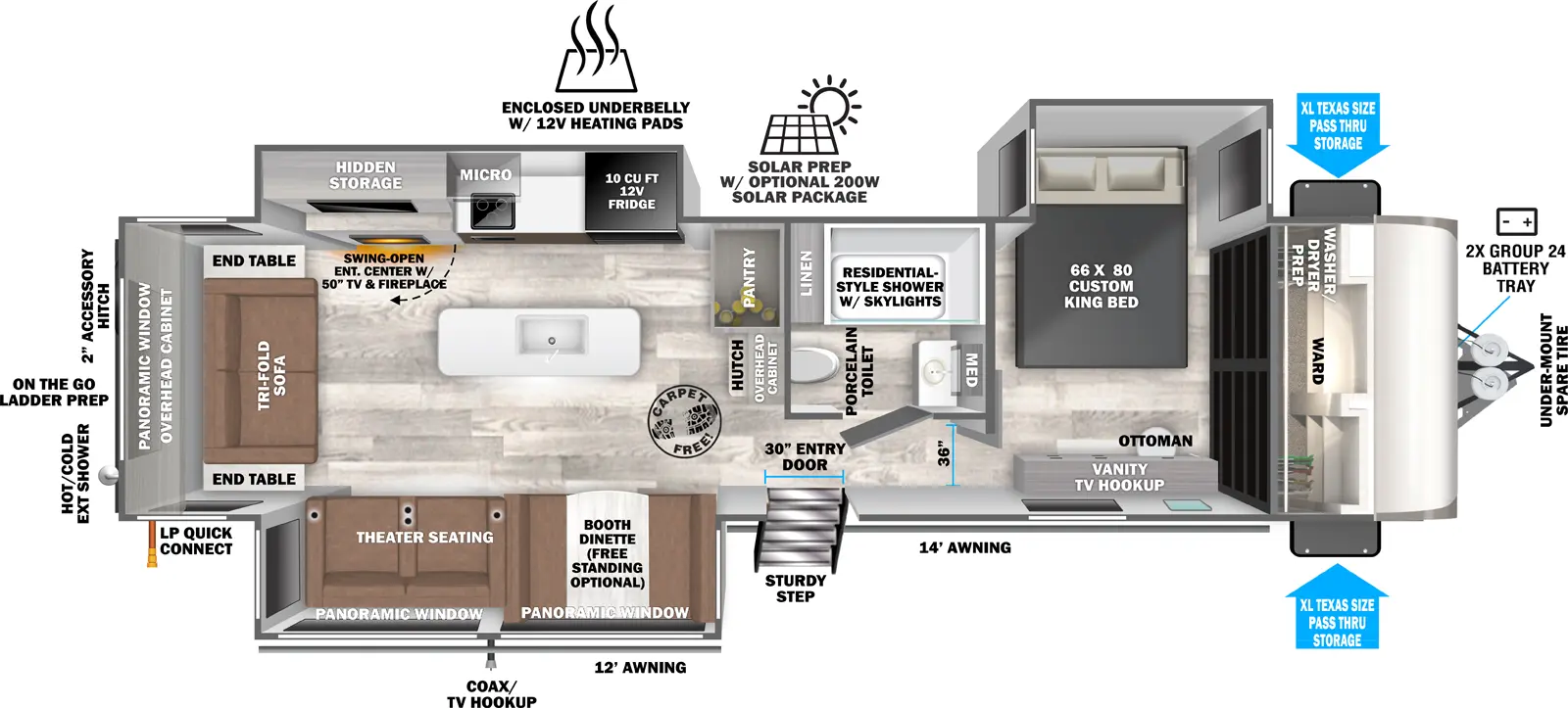 The Hemisphere Travel Trailers 308RL floorplan has one entry and three slide outs. Exterior features include: fiberglass exterior and 12' & 14' awning. Interiors features include: kitchen island, free-standing dinette option, front bedroom and rear living.